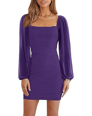 Wenrine Women's Mesh Long Sleeve Square Neck Ruched Party Club Cocktail Bodycon Mini Dress | Amazon (US)
