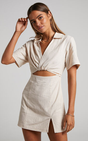 Marsha Mini Dress - Cut Out Short Sleeve Dress in Natural | Showpo (US, UK & Europe)