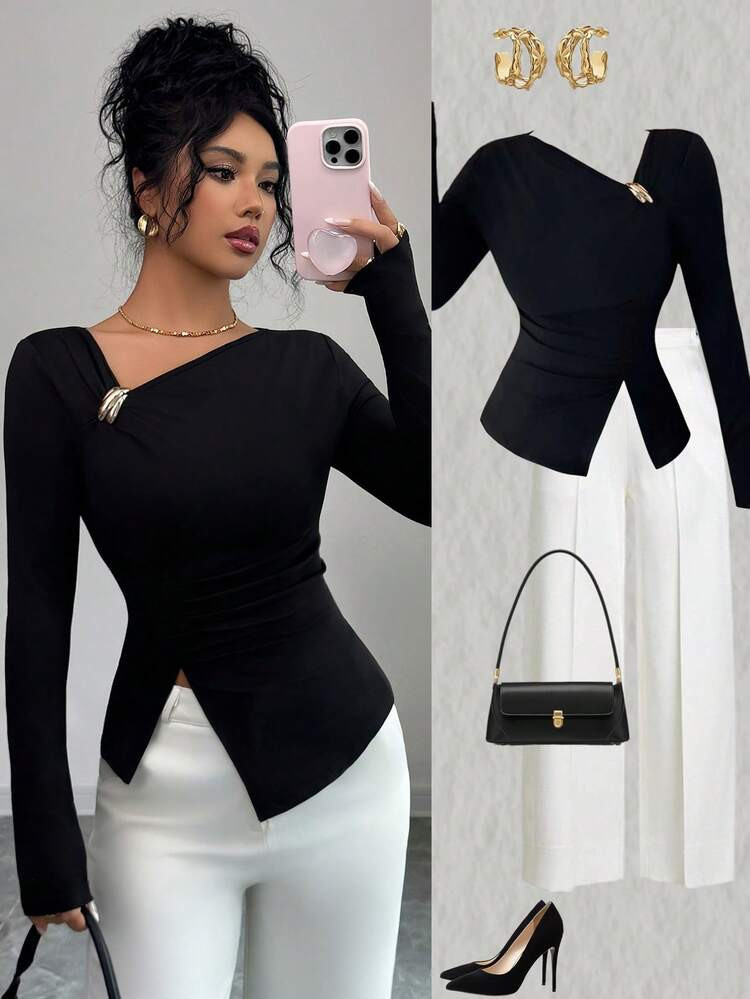 Elenzga Women's Solid Color Asymmetric Neckline Long Sleeve Split Hem T-Shirt | SHEIN