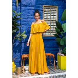 Dancing Till Dawn Off-Shoulder Pleated Maxi Dress in Mustard | Chicwish