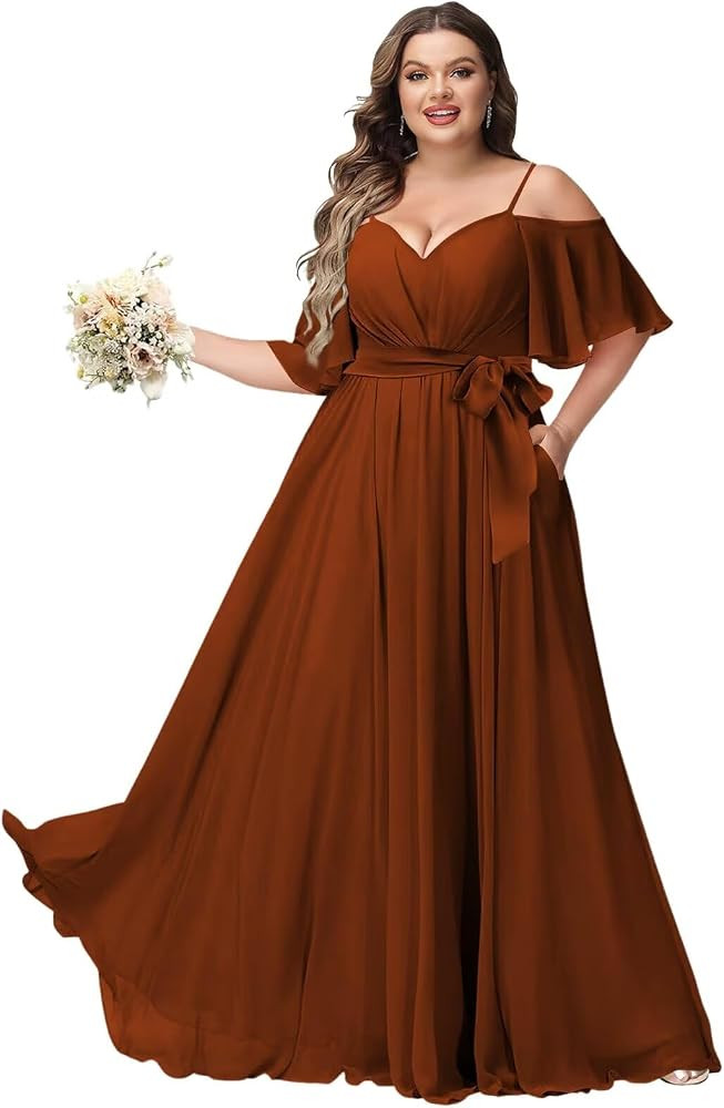 Plus Size V Neck Bridesmaid Dress with Pockets Flutter Sleeve Pleated Formal Evening Dresses ZU12... | Amazon (US)