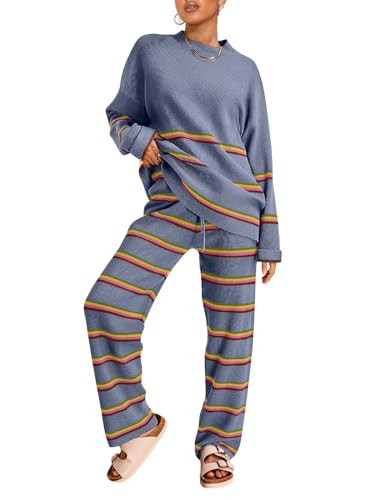 LILLUSORY 2 Piece Sets for Women 2025 Fall Outfits Two Piece Lounge Sets Sweatsuits Striped Knit Sweater Clothes Fashion StripesDustyBlue XL | Amazon (US)