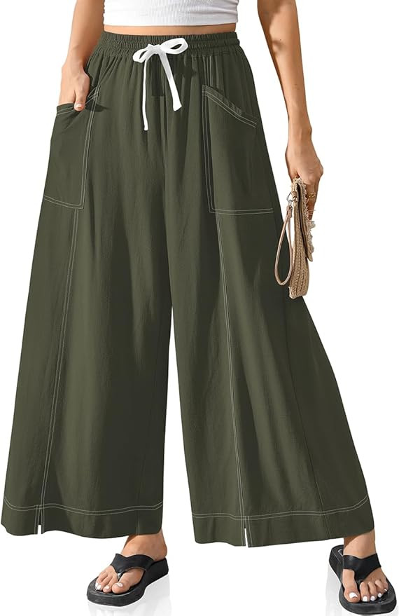 TARSE Women Linen Wide Leg Pants Casual Loose Baggy Palazzo Drawstring Summer Vacation Beach Trav... | Amazon (US)