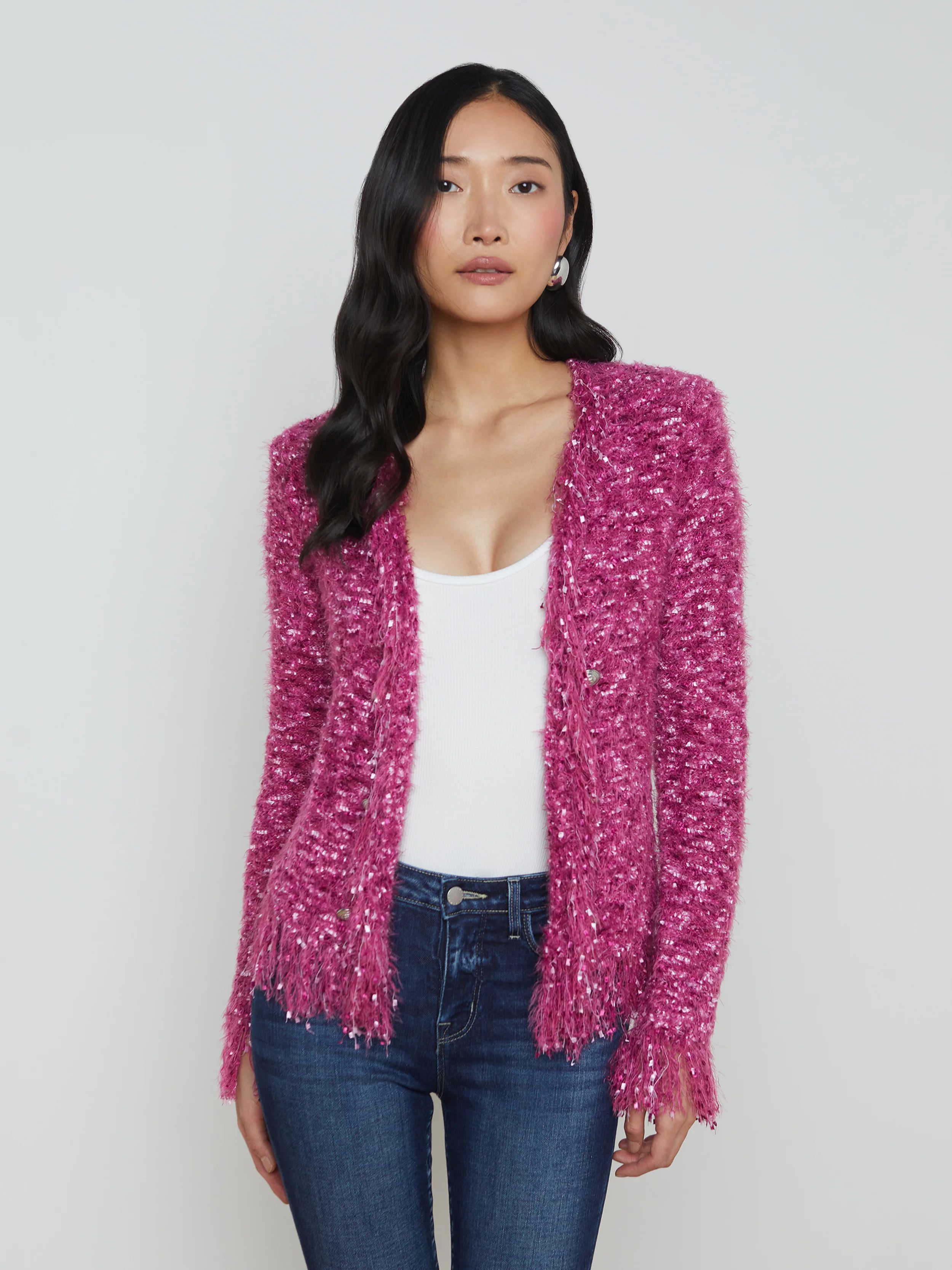 L'AGENCE - Azure Fringe Cardigan Blazer in Pink | L'Agence