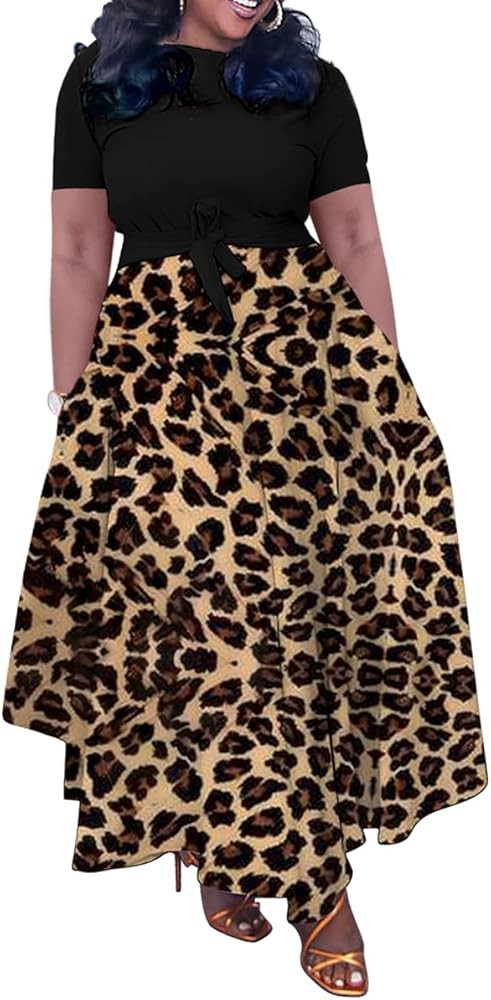 BFFBABY Plus Size Dress A Line Dresses for Women Summer Long Dresses with Sleeve Casual Belted | Amazon (US)