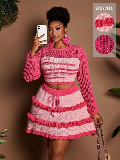 Maweii Plus Size Two Pieces Large Sweater Set, Top + Mini Skirt, Long-Sleeved Pullover, Mini Puff... | SHEIN