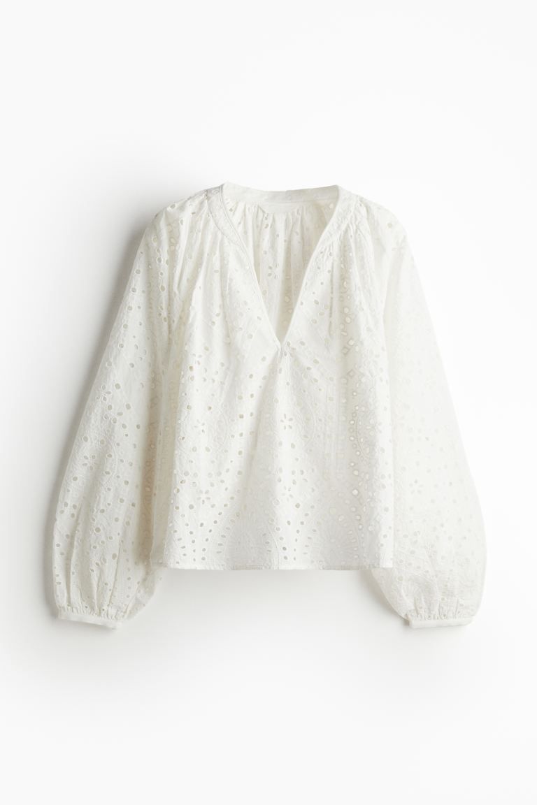 Blouse with Eyelet Embroidery - White - Ladies | H&M US | H&M (US + CA)