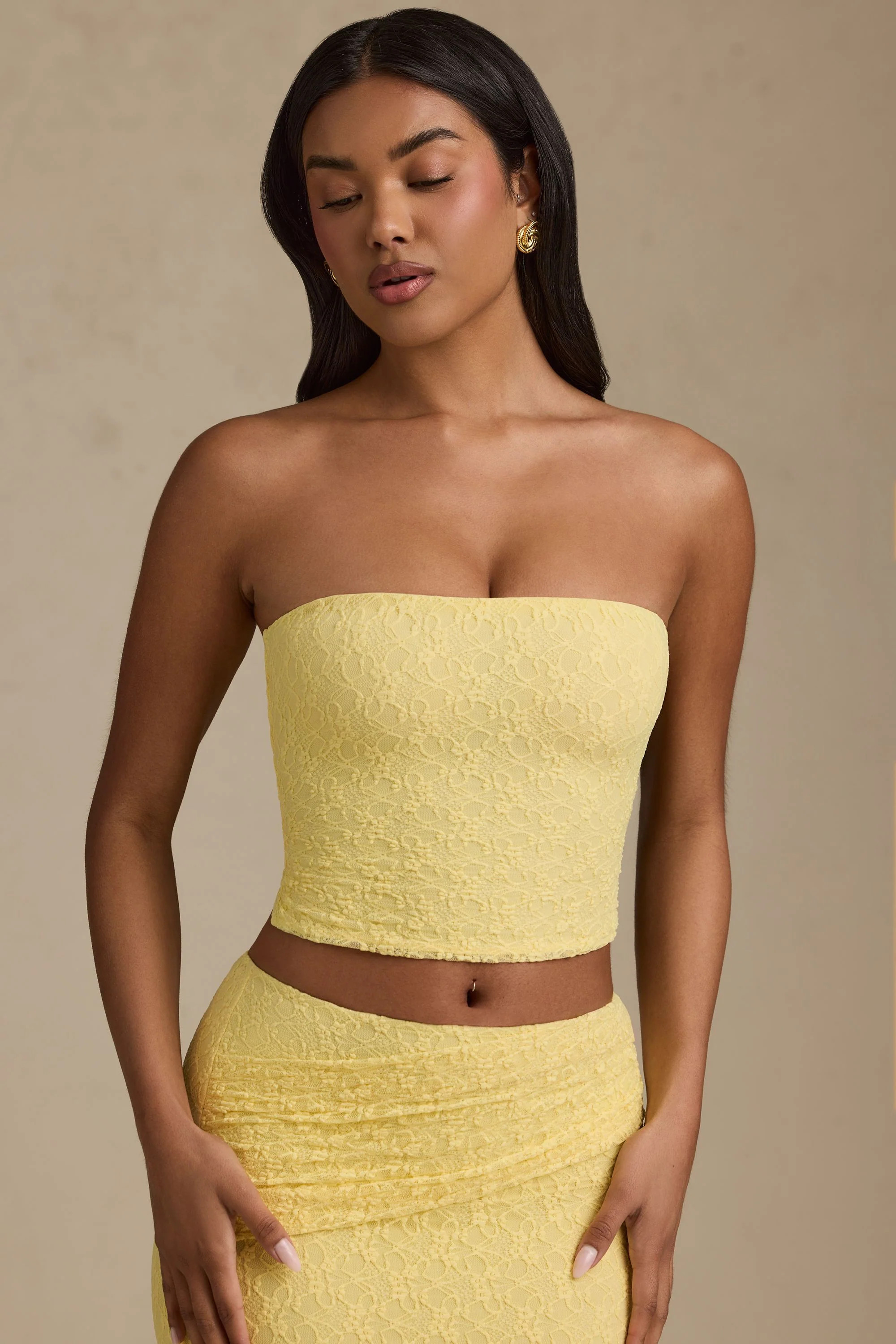Ruched Strapless Lace Top in Pastel Yellow | Oh Polly