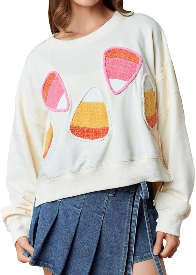 Womens Cropped Oversized Halloween Sweatshirt Sweater Funny Candy Graphic Crewneck Shirt Tops 202... | Amazon (US)