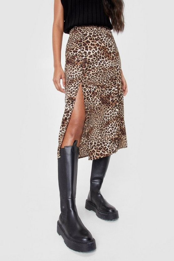 Leopard Print Slit Midi Skirt | Nasty Gal (US)