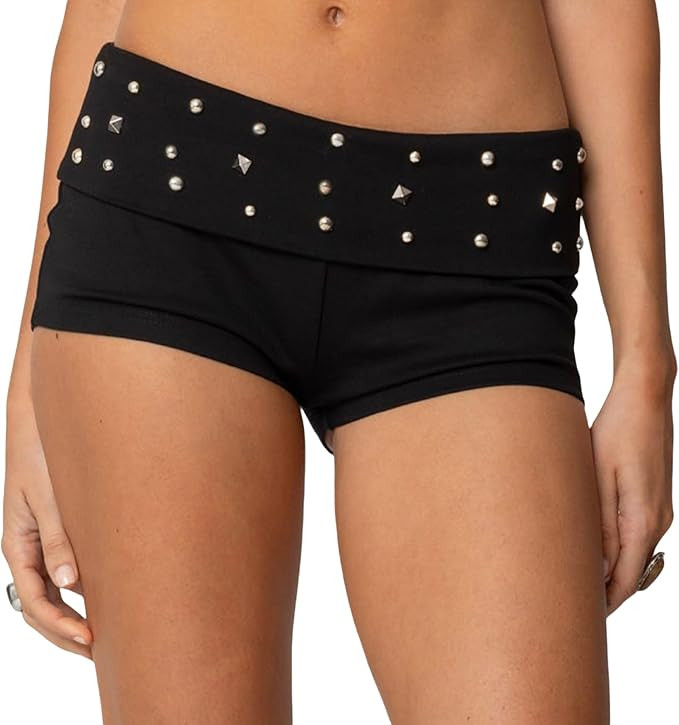 Women Studded Fold Over Shorts Y2k Low Waist Rivet Micro Shorts Slim Fit Boyshorts Goth Rave Mini... | Amazon (US)