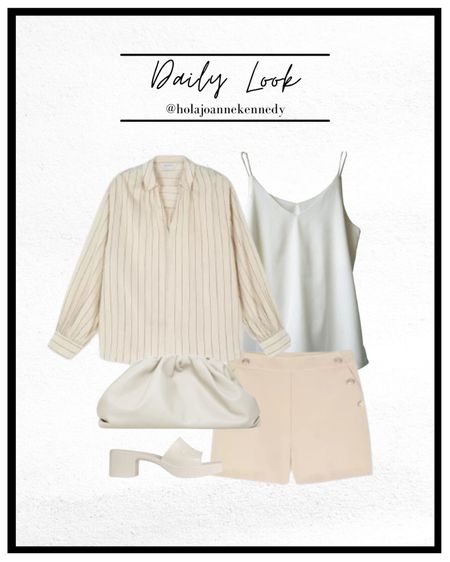 Cream outfit, neutral outfit, spring summer outfit, cream shorts, cream striped linen shirt, white chiffon cami, cream Gucci rubber mules, rubber sandals, cream pouch bag 

#LTKuk #LTKstyletip #LTKeurope