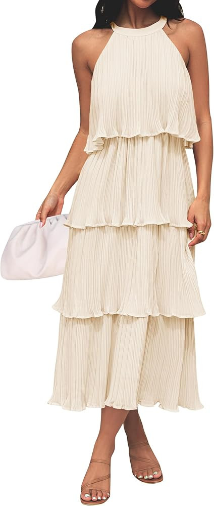 ZESICA Women's 2025 Summer Sleeveless Halter Neck Ruffle Tiered Layed Chiffon Flowy Swing Long Mi... | Amazon (US)
