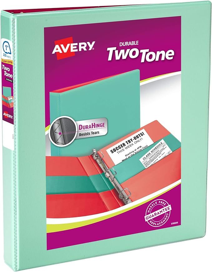 Avery(R) Two-Tone Durable View 3 Ring Binder, 1 Inch Slant Rings, 1 Mint/Coral Binder (17288) | Amazon (US)