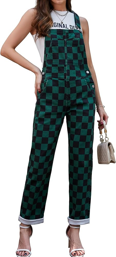 Odefou Checkered Pants Womens Overalls Fashion Bib Coveralls Cute Stretch Jeans Jumpsuit | Amazon (US)