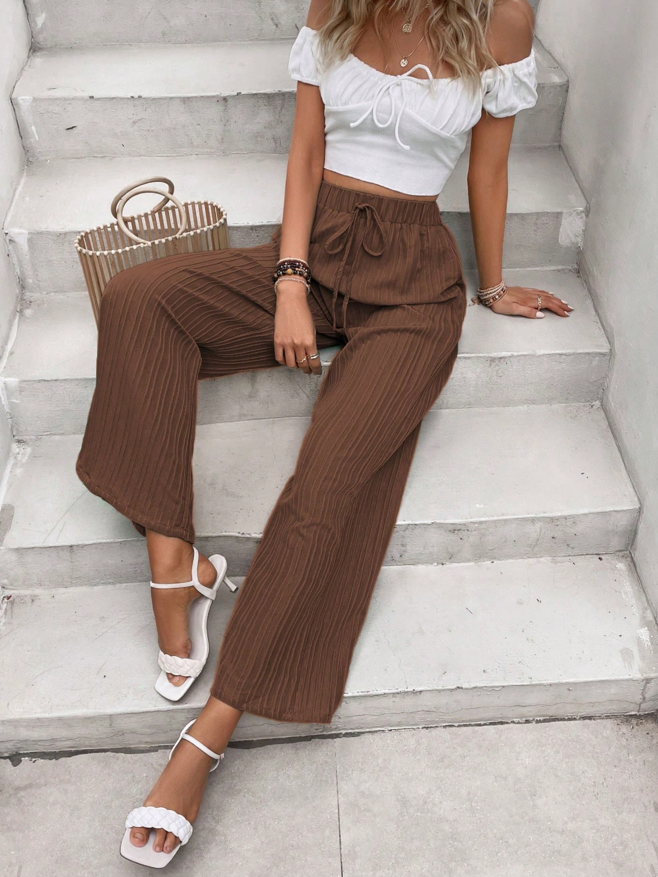 SHEIN VCAY Solid Knot Waist Wide Leg Pants | SHEIN USA | SHEIN