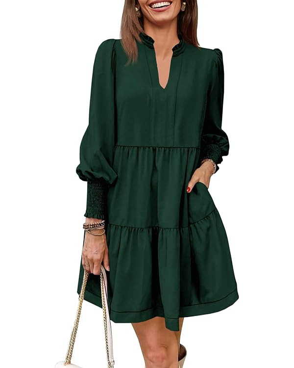 Imily Bela Womens Fall Long Sleeve Tunic Dress Casual V Neck Loose Ruffle Tiered Dress | Amazon (US)