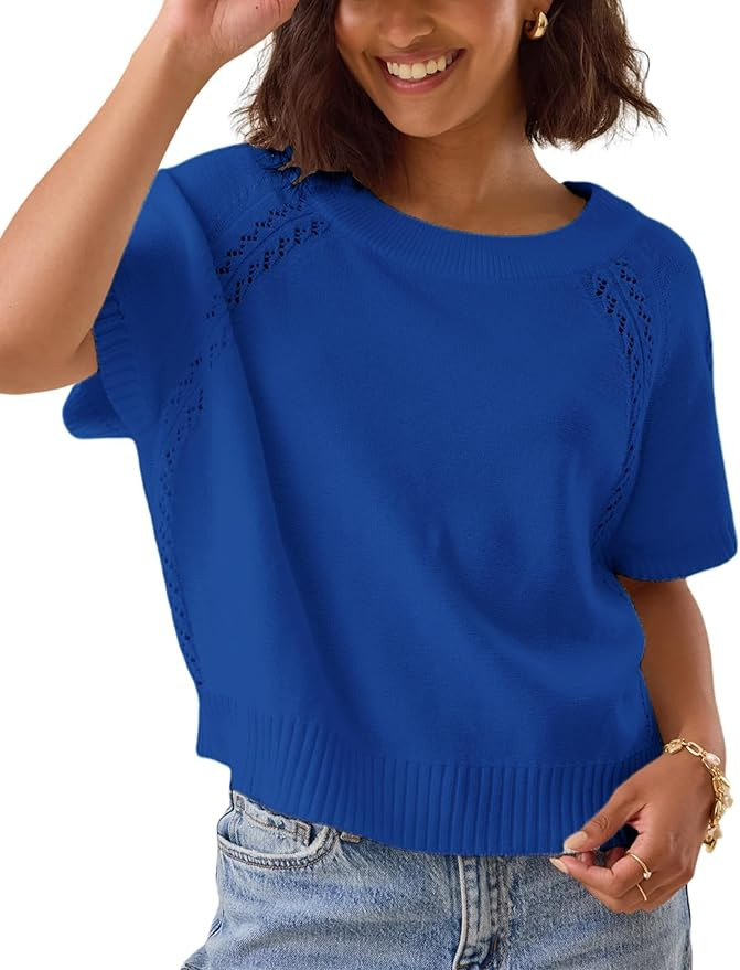 Yeokou Women Knit Crochet Top Short Sleeve Crew Neck Loose Fit Pullover Sweater Summer Fall Fashi... | Amazon (US)