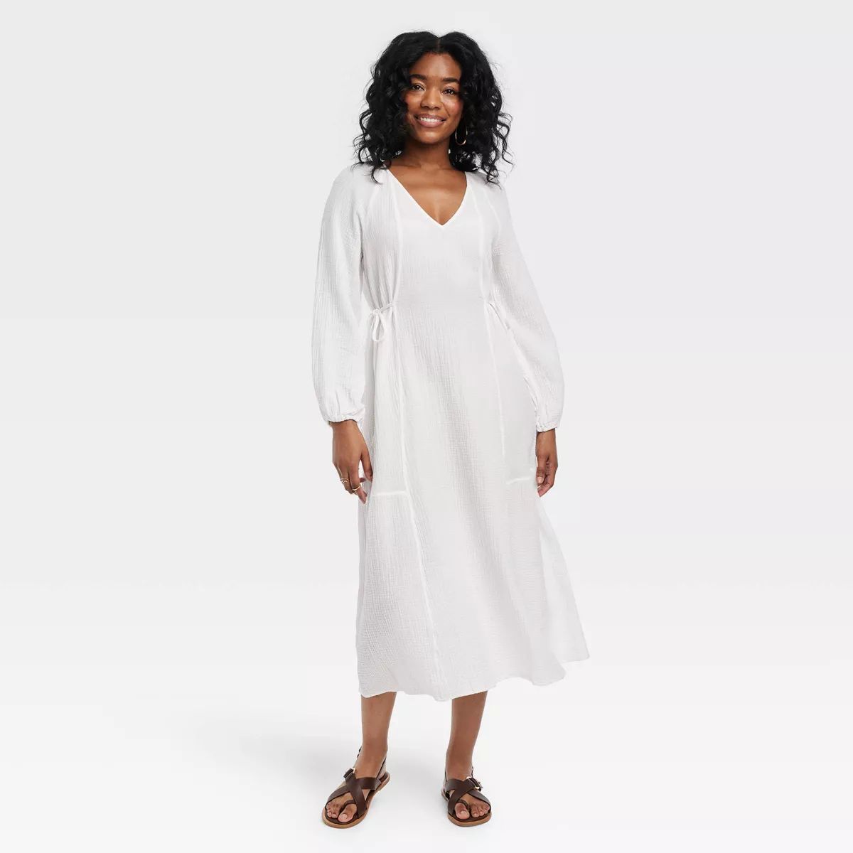 Women's Balloon Long Sleeve Midi A-Line Dress - Universal Thread™ White XS | Target