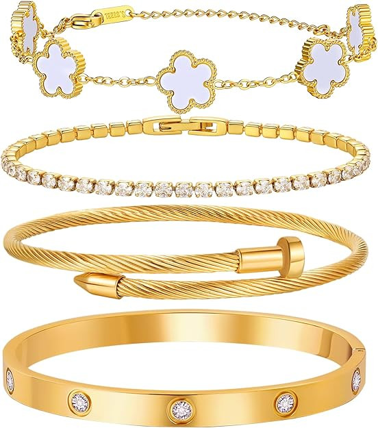 18 K Gold Plated Love Bangle Bracelet Stack for Women 4-Piece Floral Clover Chain, Tennis Crystal... | Amazon (US)
