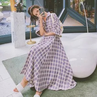 Elbow-Sleeve Plaid A-Line Maxi Dress | YesStyle Global