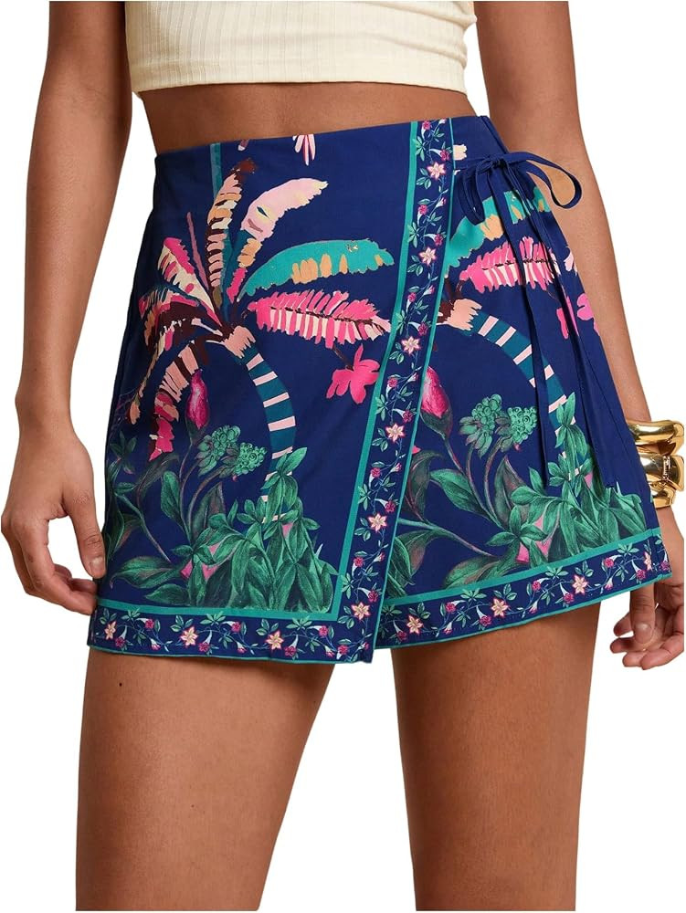 SweatyRocks Women's Boho Mini Skirts Floral Shorts Tie Side Wrap Elastic Waist Summer Skorts Beac... | Amazon (US)