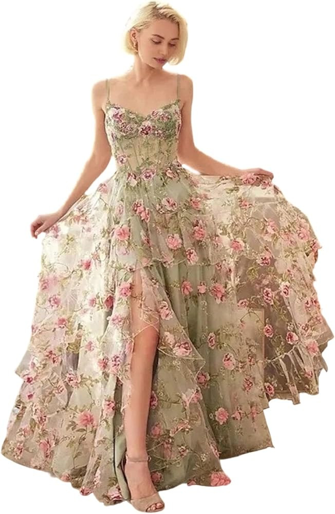 A-Line Luxury Evening Dresses Celebrity Dress Spaghetti Straps Sleeveless Floor-Length Flower-Pri... | Amazon (US)