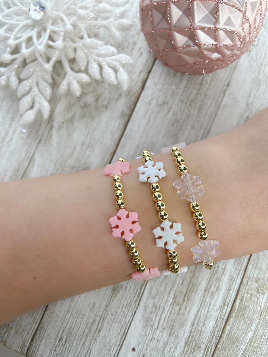 Pink Christmas Glitter Snowflake Stacking Bracelets Gold - Etsy | Etsy (US)