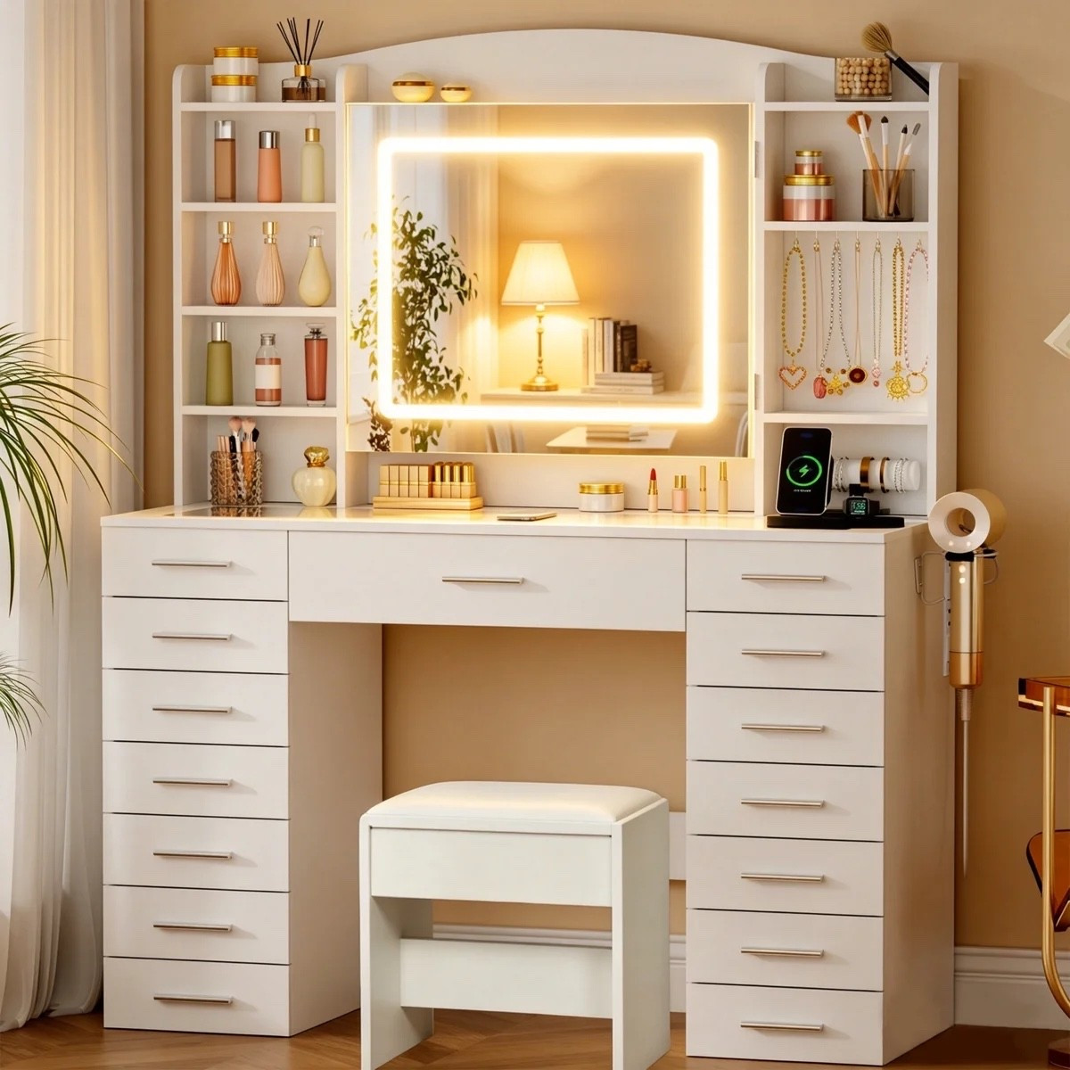 The Modern Makeup Vanity Set with Lighted Mirror & Glass Top combines glamorous style with serious storage, featuring 15 drawers, a glass top, lighted mirror, and built-in outlets. It’s a beautiful way to create an organized, polished beauty space. ON SALE and under $250.

Ideas:

* makeup vanity
* beauty room
* glam room
* vanity organization
* bedroom décor

Keywords:

* makeup vanity
* vanity with mirror
* lighted vanity
* makeup vanity desk
* vanity desk
* vanity with drawers
* glass top vanity
* makeup storage
* beauty room décor
* glam room
* bedroom vanity
* vanity organizer
* vanity with outlets
* bedroom furniture
* home décor

#LTKdayinmylife #LTKSaleAlert #LTKHome