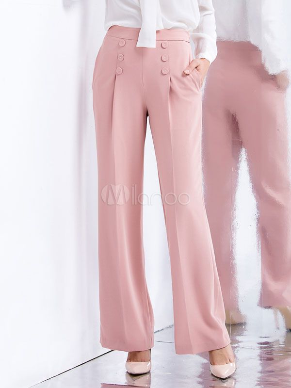 Pink Wide Leg Pants Buttons Cotton Flax Pants for Women | Milanoo