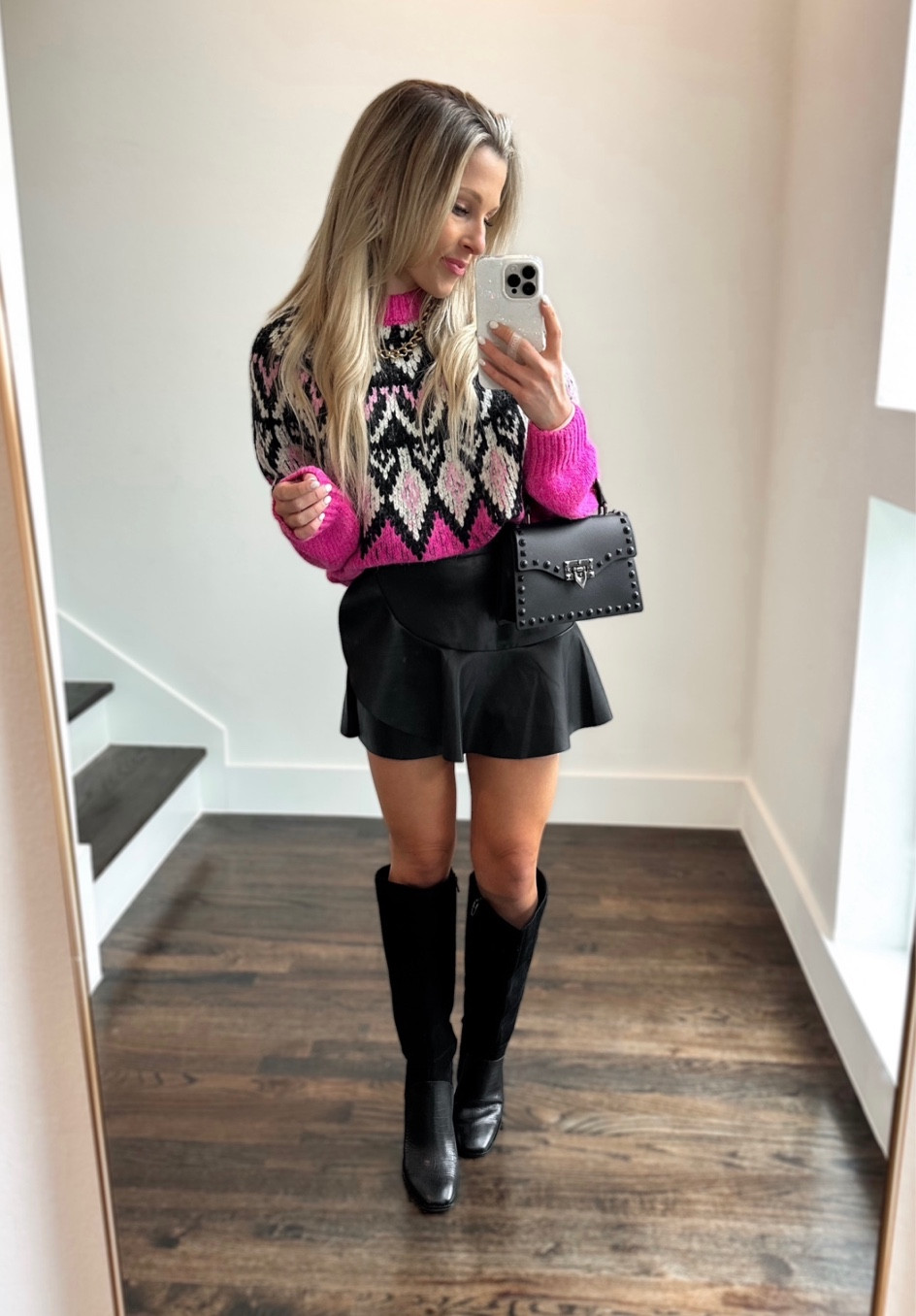 Knit sweater and black leather skort - linked similar sweaters, skirts and boots! 

#LTKstyletip #LTKfindsunder100 #LTKsalealert