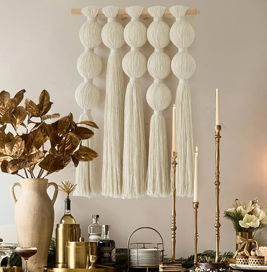 Amazon.com: Flber Macrame Wall Hanging with Geometric Yarn Spheres, Handwoven Cotton Tassel Art f... | Amazon (US)