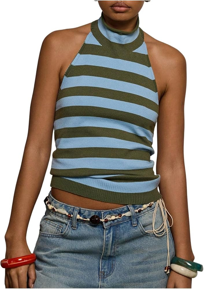 MakeMeChic Women's Striped Halter Top Y2k Open Back Sleeveless Knit Going Out Tops | Amazon (US)