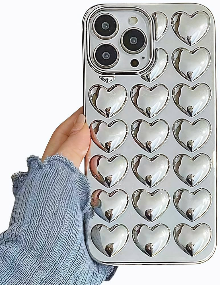 for iPhone 13 Case, [Premium Chrome Silver Heart][Shiny Electroplated 3D Heart][Stylish Creative ... | Amazon (US)