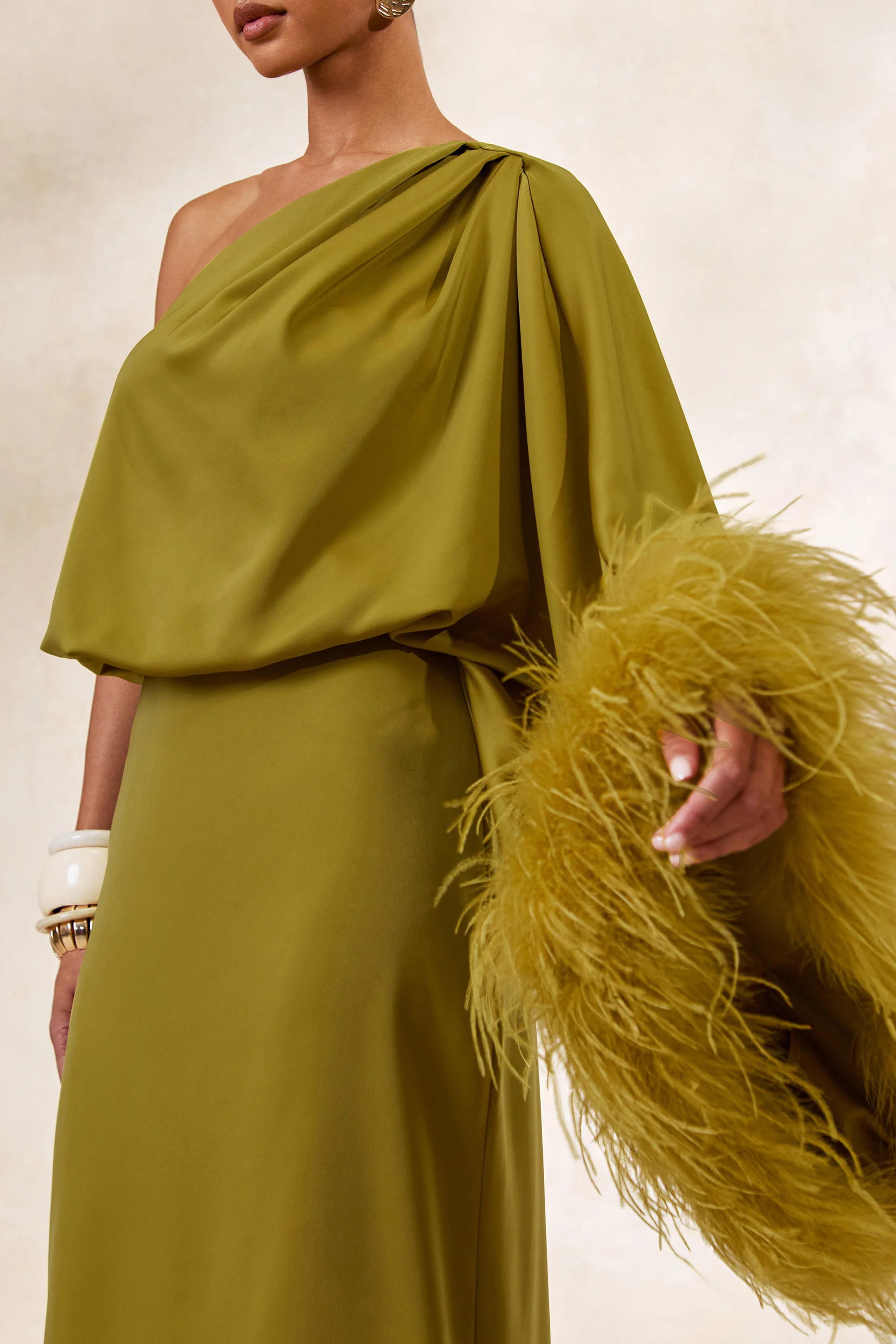 Felicity | Olive Satin Asymmetric-Neck Maxi Dress With Feather Detaili | Club L London