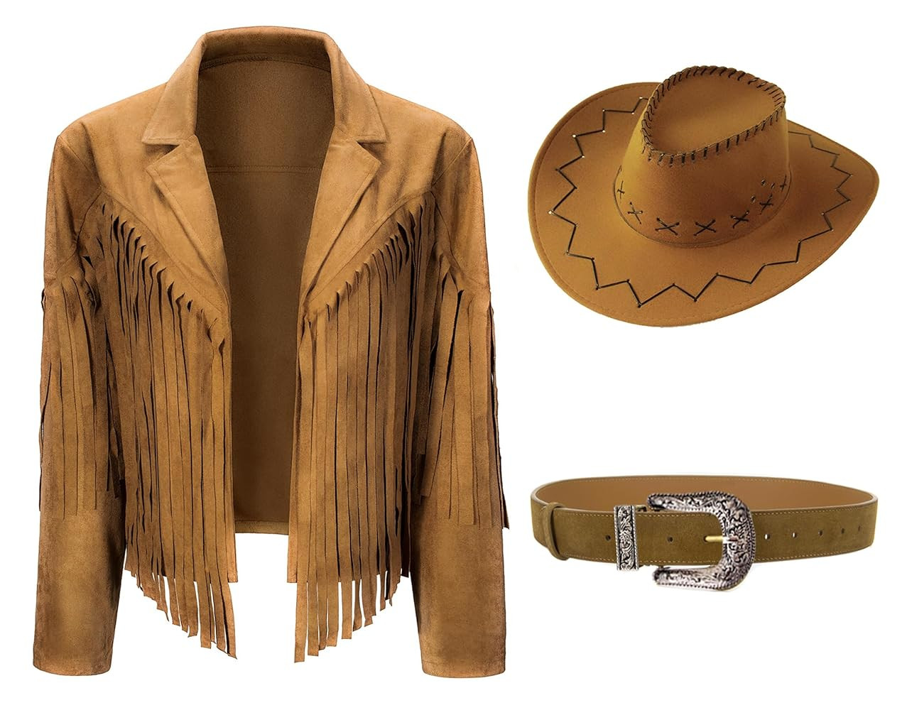 Women Cowgirl Costume Suede Fringe Jacket Hat Belt Set for Western Cowgirl Cowboy Halloween Cospl... | Amazon (US)