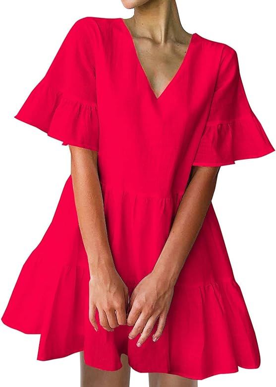 FANCYINN Women’s Cute Shift Dress with Pockets Fully Lined Bell Sleeve Ruffle Hem V Neck Loose ... | Amazon (US)