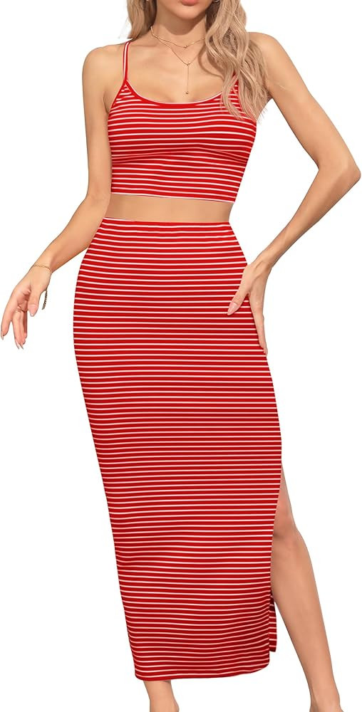 Missufe Women's 2 Piece Outfits Striped Cami Crop Top and Slit Maxi Pencil Skirt Summer Beach Set | Amazon (US)