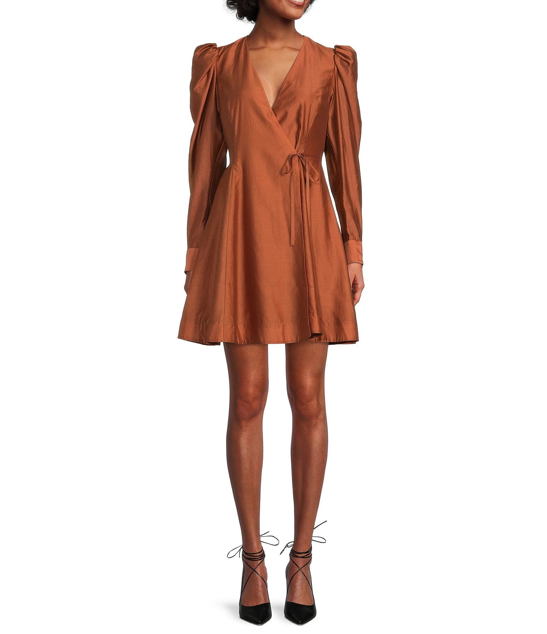 Heidy Sateen Surplice V-Neck Long Puff Sleeve Wrap Mini Dress | Dillard's