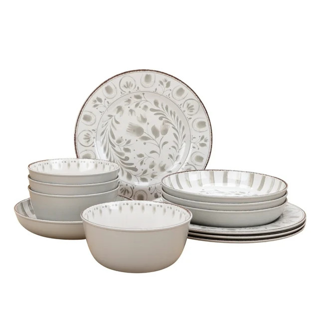 Better Homes & Gardens 12-Piece Bamboo Melamine Dinnerware Set, Grey | Walmart (US)