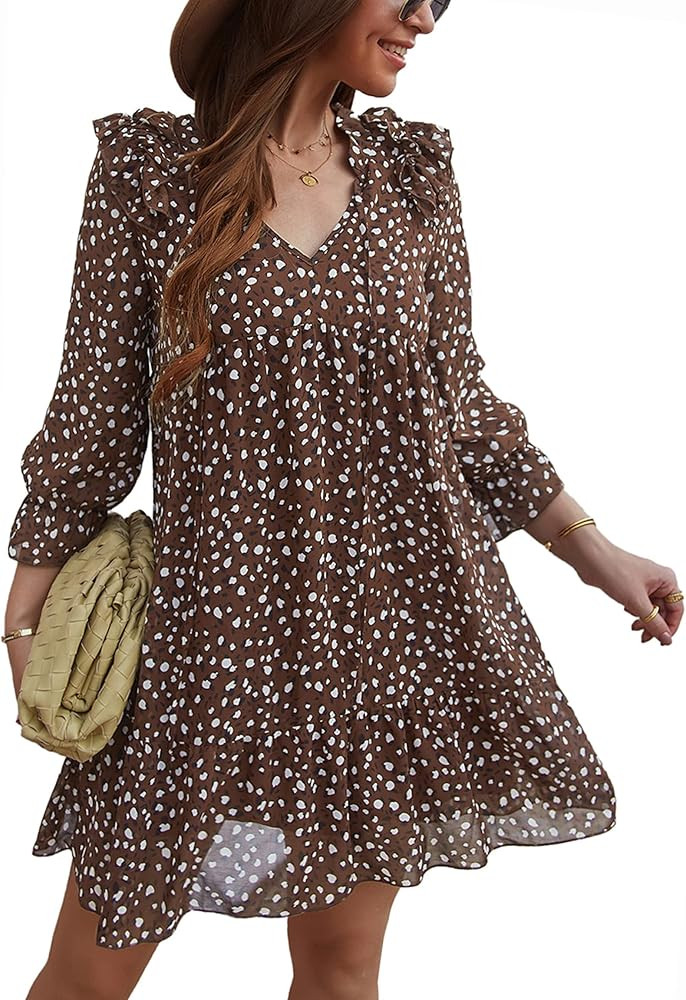 KIRUNDO Fall 2022 Women's Long Sleeve Tie Neck Ruffle Floral Print Boho Dresses Casual Loose Plea... | Amazon (US)