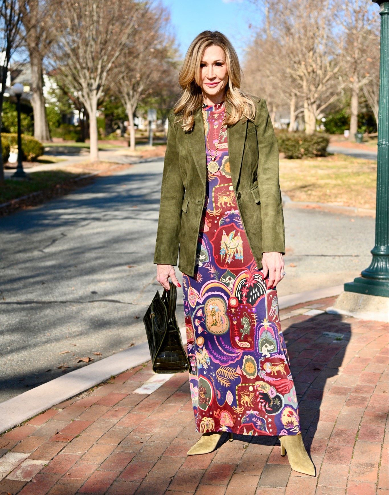 Colorful January…printed maxi dress from Farm Rio paired with a green suede blazer, light green stiletto booties, and a faux croc bag.  I’ve also worn this dress with a black fur vest and black boots!  So versatile and fun!

#LTKOver40 #LTKSeasonal #LTKootd