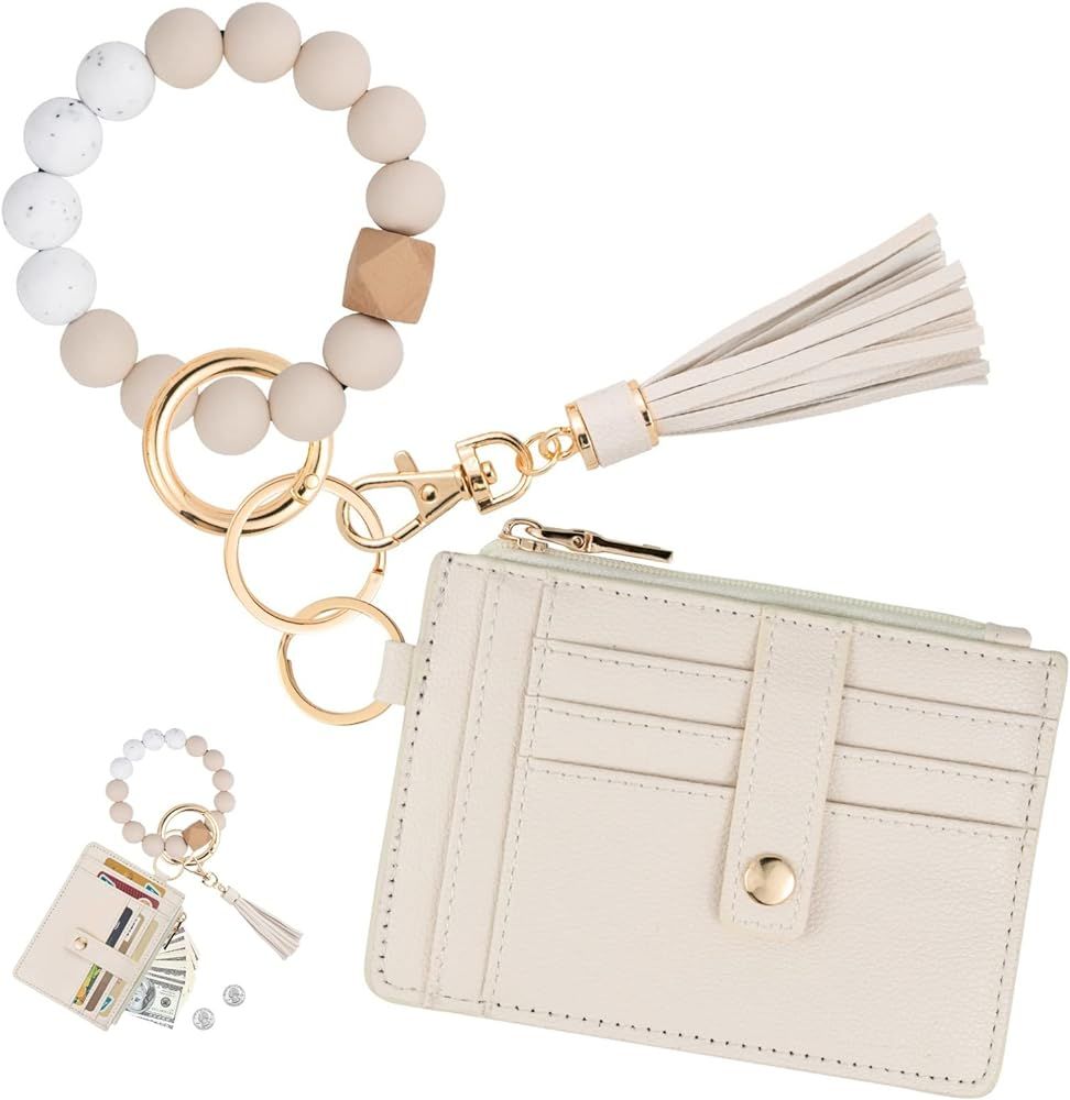 Wallet Keychain Wristlet for Women,Slim RFID Credit Card Holder Purse Tassel Keychain Bangle Key ... | Amazon (US)