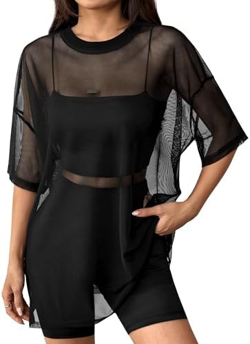 Remidoo Women's Sheer Mesh Oversized Tshirts Short Sleeve See Through Tee Shirt | Amazon (US)