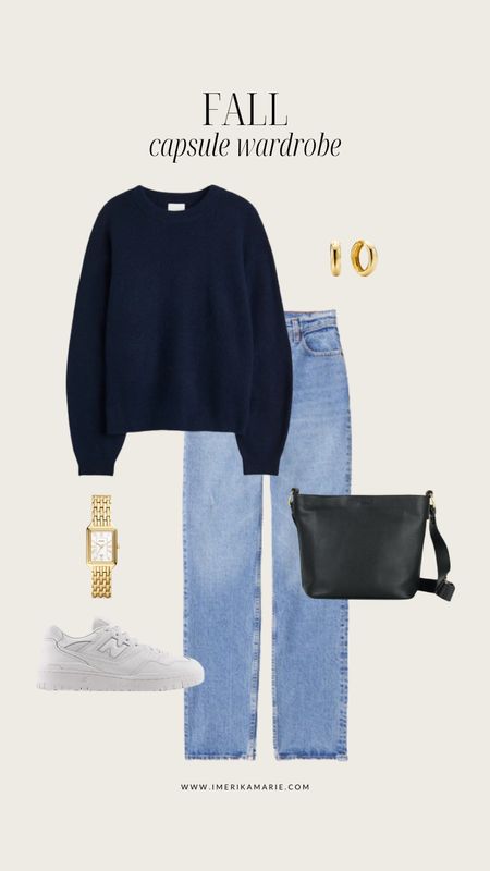 fall capsule wardrobe. fall outfits. navy sweater. jeans. tote bag. new balance 550. fossil watch. white sneakers. h&m. abercrombie and fitch 

#LTKSeasonal #LTKstyletip #LTKfindsunder100