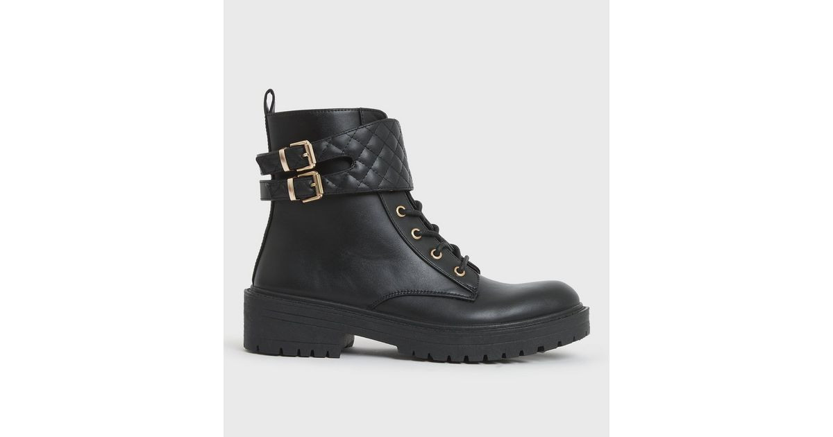 Black Quilted Buckle Trim Chunky Biker Boots
						
						Add to Saved Items
						Remove from Sa... | New Look (UK)