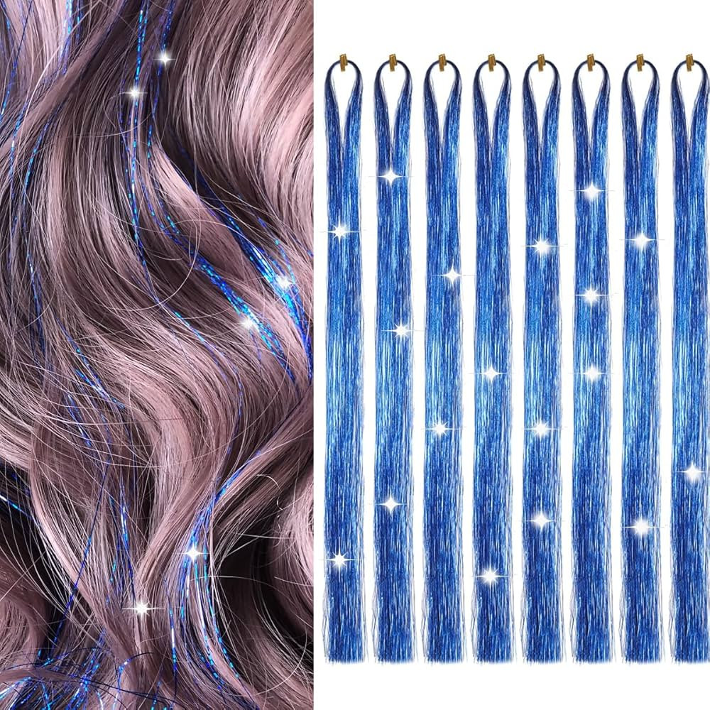 Hair Tinsel 8 Packs 1600 Strands 50 Inch Tinsel Hair Extensions Sapphire Blue Heat Resistant Glit... | Amazon (US)