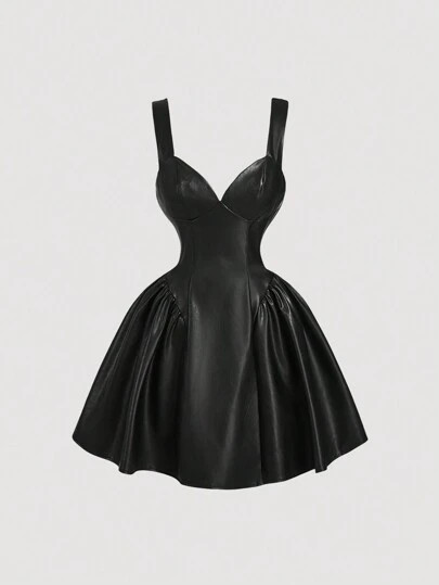 SHEIN MOD Women's Solid Color Cinched Waist Spaghetti Strap PU Leather Fashion Elegant Camisole D... | SHEIN