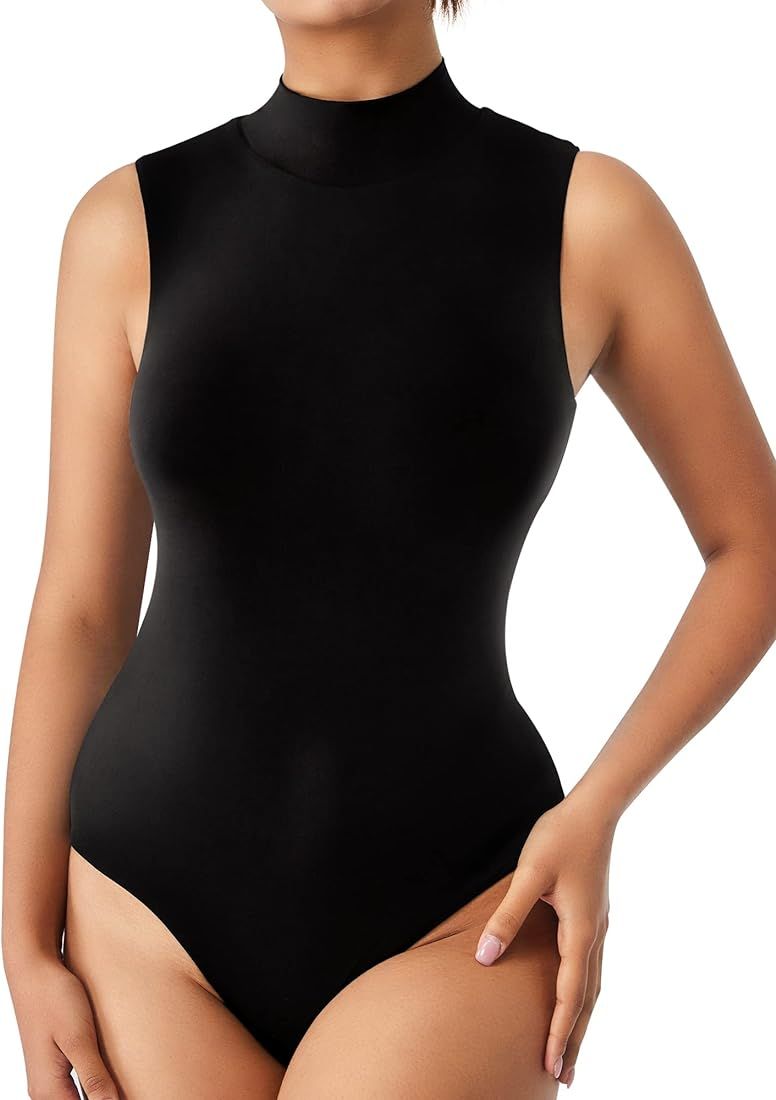 ALGALAROUND Women's Mock Turtle Neck Sleeveless Bodysuit Double Lined Basic High Neck Leotard Tan... | Amazon (US)