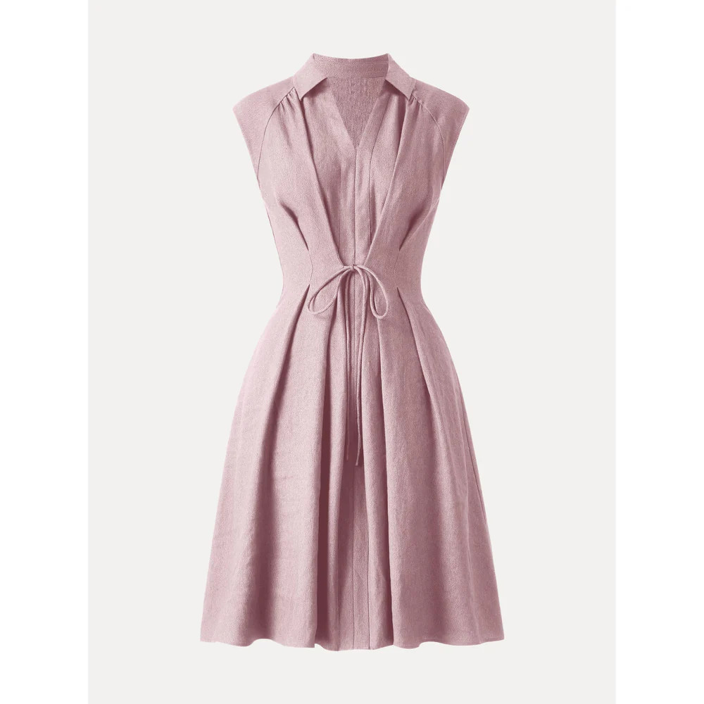 Viscose-Linen Collared V-neck Midi Dress with Drawstring | OGLmove
